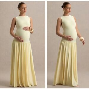 CLUB L LONDON Outline Lemon Maternity Maxi Dress Draped Skirt Yellow Sz 10 {Q30}